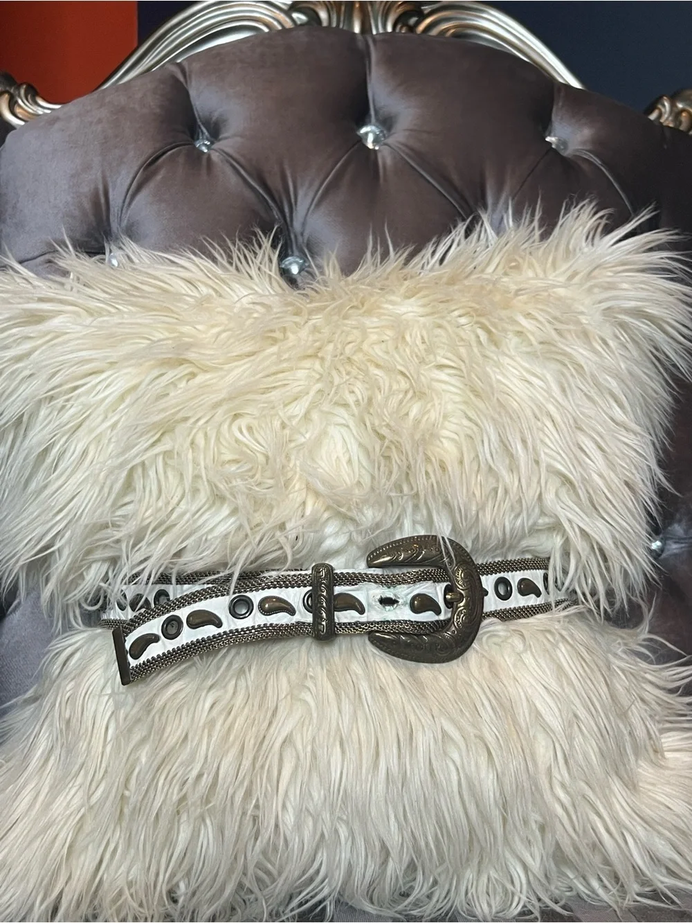 White & Antique Bronze Western Statement Belt with Chainmail Mesh paisley detail